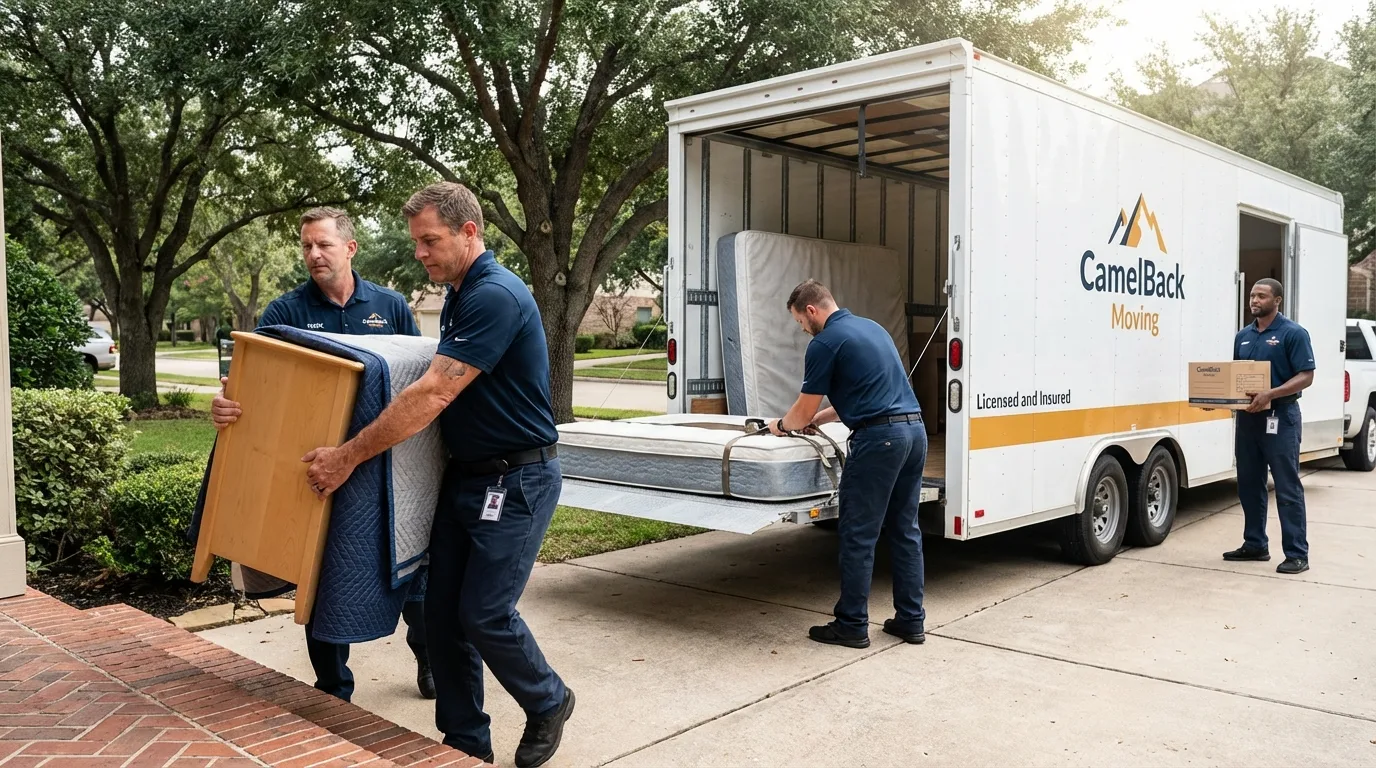 Crew loading residential truck for cross-state move from Saint Bonifacius, MN