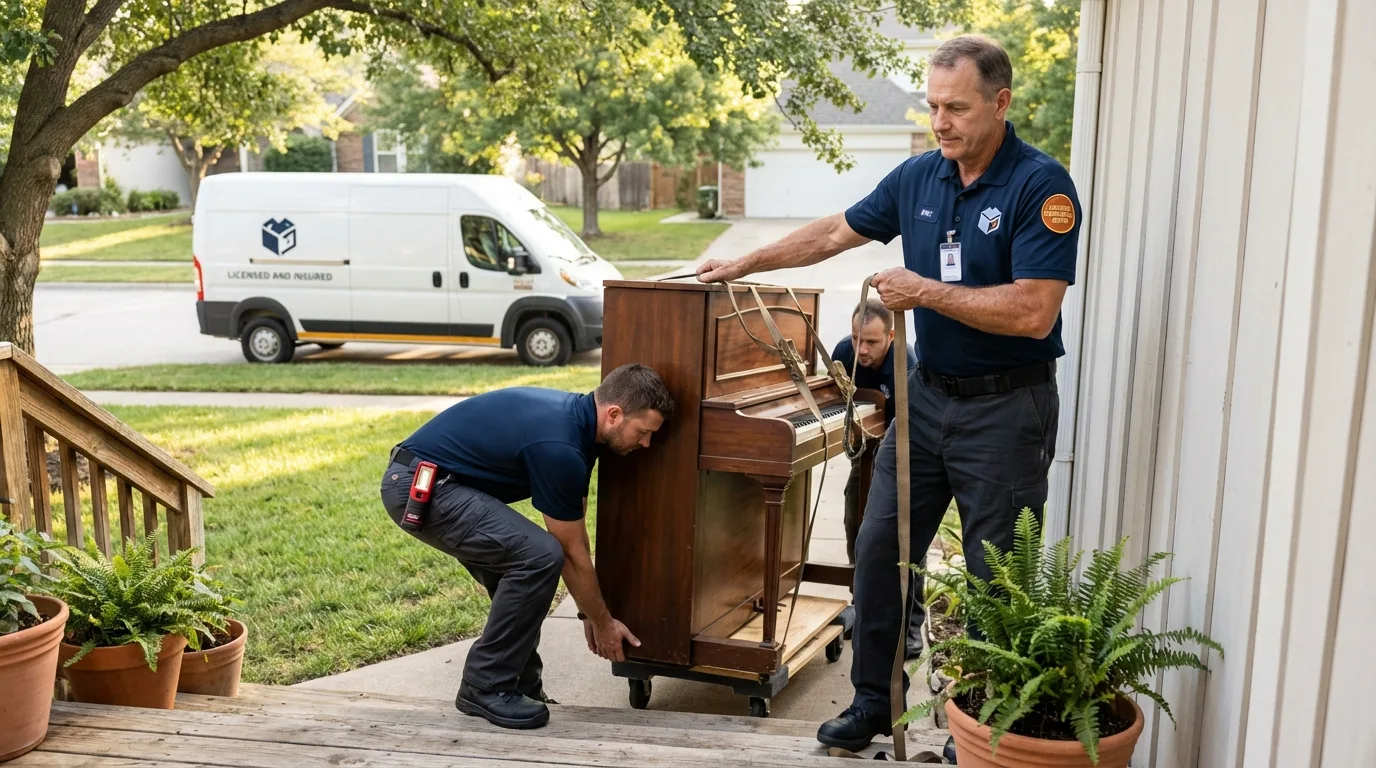 Licensed piano movers securing grand piano in Saint Bonifacius, MN