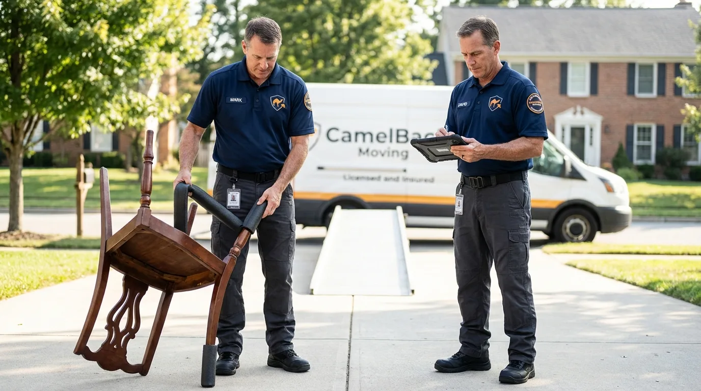 Movers inspecting furniture for damage prevention before loading in Saint Bonifacius, MN