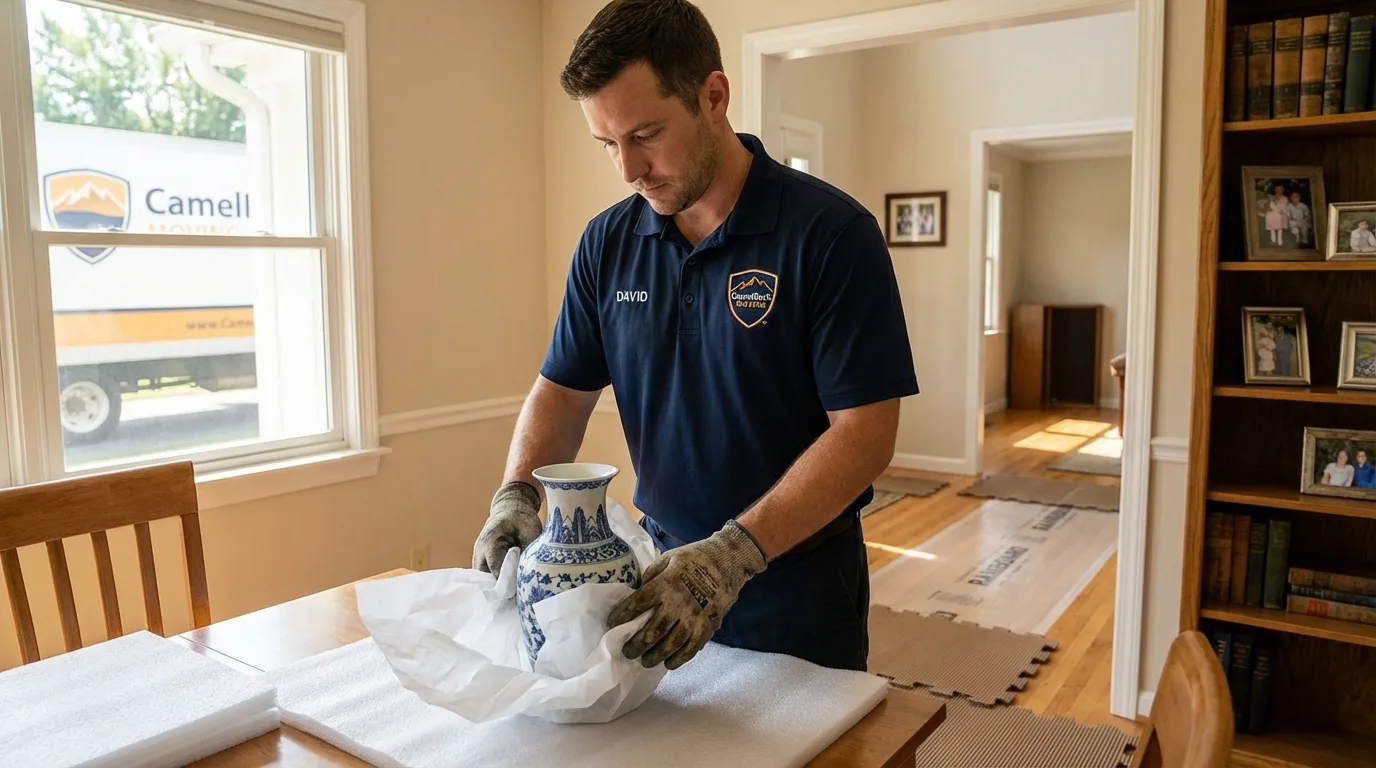 Professional crew carefully wrapping antique vase for senior downsizing move in Saint Bonifacius, MN